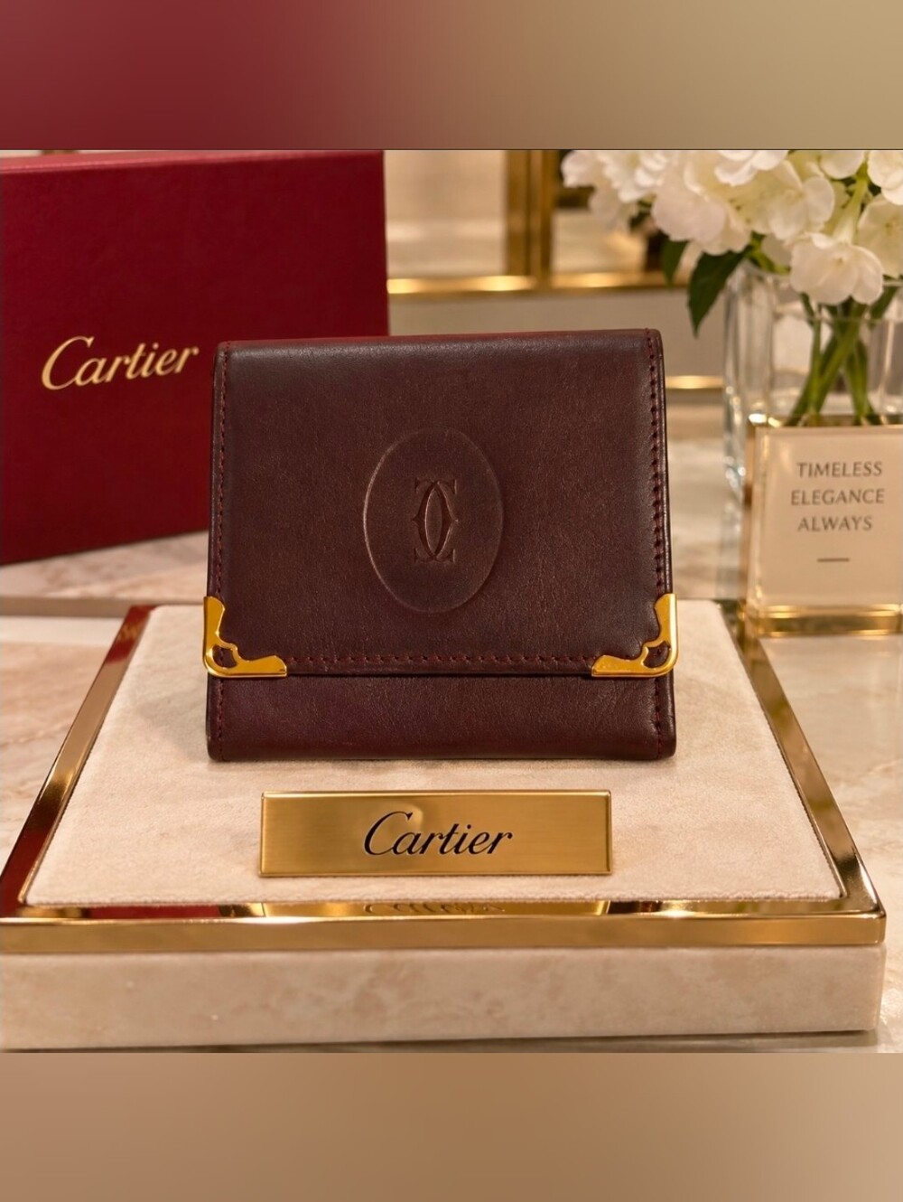 Vintage Cartier Burgundy Leather Wallet with Gold Corner Accents